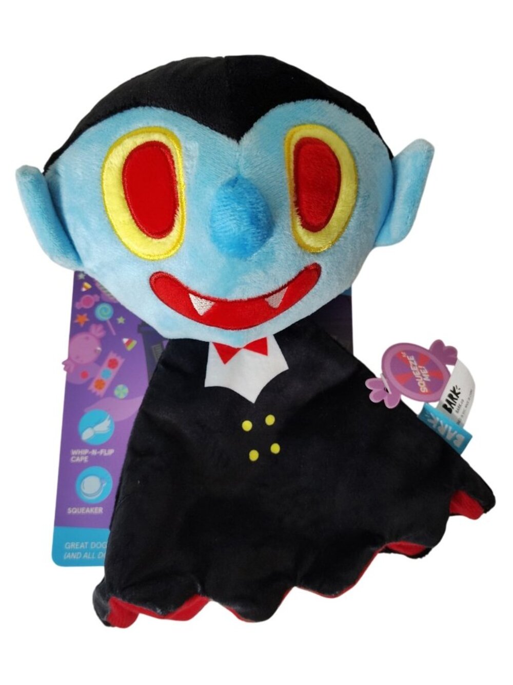 Bark Howloween Party Vampire Dog Toy With Whip-N-Flip Cape and Squeaker